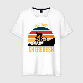 Мужская футболка хлопок с принтом Just enjoy. Sheregesh в Белгороде, 100% хлопок | прямой крой, круглый вырез горловины, длина до линии бедер, слегка спущенное плечо. | gesh | sheregesh | велоспорт | вершина | геш | горы | горы шерегеша | отдых | шерегеш