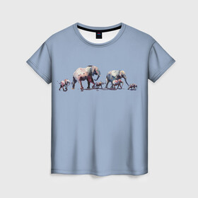 Женская футболка 3D с принтом Слоны в Белгороде, 100% полиэфир ( синтетическое хлопкоподобное полотно) | прямой крой, круглый вырез горловины, длина до линии бедер | животные | звери | семья | слон | слоны