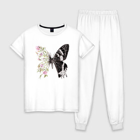 Женская пижама хлопок с принтом Бабочка и цветы в Белгороде, 100% хлопок | брюки и футболка прямого кроя, без карманов, на брюках мягкая резинка на поясе и по низу штанин | акварель | бабочка | бутоны | графика | крылья | лето | насекомое | природа | растение | розы | фауна | цветы | шипы