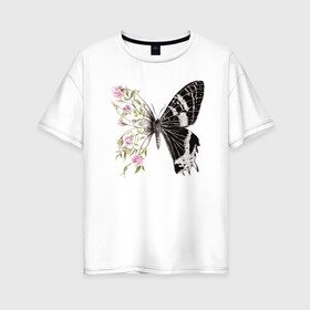Женская футболка хлопок Oversize с принтом Бабочка и цветы в Белгороде, 100% хлопок | свободный крой, круглый ворот, спущенный рукав, длина до линии бедер
 | акварель | бабочка | бутоны | графика | крылья | лето | насекомое | природа | растение | розы | фауна | цветы | шипы