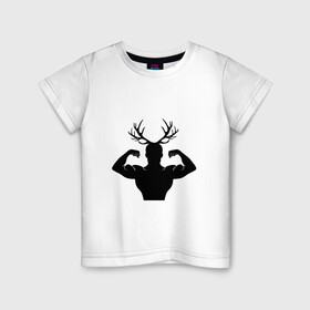 Детская футболка хлопок с принтом Дикий Лось в Белгороде, 100% хлопок | круглый вырез горловины, полуприлегающий силуэт, длина до линии бедер | workout | атлет. | воркаут | лось | мышцы | роги | сила | фитнес