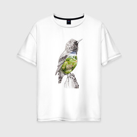 Женская футболка хлопок Oversize с принтом Птица и сад в Белгороде, 100% хлопок | свободный крой, круглый ворот, спущенный рукав, длина до линии бедер
 | акварель | графика | дорога | калитка | крыло | куст | небо | перья | поля | птица | сад | цветы