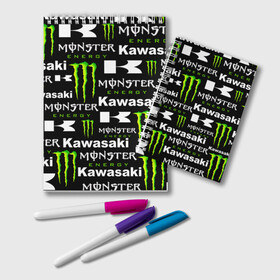 Блокнот с принтом KAWASAKI X MONSTER ENERGY в Белгороде, 100% бумага | 48 листов, плотность листов — 60 г/м2, плотность картонной обложки — 250 г/м2. Листы скреплены удобной пружинной спиралью. Цвет линий — светло-серый
 | Тематика изображения на принте: kawasaki | monster energy | motorcycle | motosport | racing | speed | sport | байк | гонки | двигатель | кавасаки | монстер энерджи. | мото | мотокросс | мотоспорт | мототриал | мотоцикл | скорость | спорт