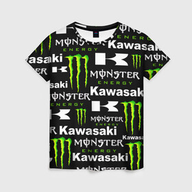 Женская футболка 3D с принтом KAWASAKI X MONSTER ENERGY в Белгороде, 100% полиэфир ( синтетическое хлопкоподобное полотно) | прямой крой, круглый вырез горловины, длина до линии бедер | kawasaki | monster energy | motorcycle | motosport | racing | speed | sport | байк | гонки | двигатель | кавасаки | монстер энерджи. | мото | мотокросс | мотоспорт | мототриал | мотоцикл | скорость | спорт