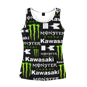 Женская майка 3D с принтом KAWASAKI X MONSTER ENERGY в Белгороде, 100% полиэстер | круглая горловина, прямой силуэт, длина до линии бедра | kawasaki | monster energy | motorcycle | motosport | racing | speed | sport | байк | гонки | двигатель | кавасаки | монстер энерджи. | мото | мотокросс | мотоспорт | мототриал | мотоцикл | скорость | спорт