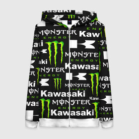 Женская толстовка 3D на молнии с принтом KAWASAKI X MONSTER ENERGY в Белгороде, 100% полиэстер | длина до линии бедра, манжеты и пояс оформлены мягкой тканевой резинкой, двухслойный капюшон со шнурком для регулировки, спереди молния, по бокам два кармана | kawasaki | monster energy | motorcycle | motosport | racing | speed | sport | байк | гонки | двигатель | кавасаки | монстер энерджи. | мото | мотокросс | мотоспорт | мототриал | мотоцикл | скорость | спорт