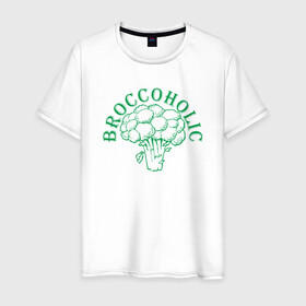 Мужская футболка хлопок с принтом Broccoholic в Белгороде, 100% хлопок | прямой крой, круглый вырез горловины, длина до линии бедер, слегка спущенное плечо. | green | greenpaece | nature | sport | vegan | yoga | веган | вегетарианец | гринпис | еда | животные | жизнь | здоровье | зеленый | йога | мир | овощи | пища | планета | природа | растение | спорт | тело | фрукты