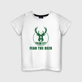 Детская футболка хлопок с принтом Fear The Deer в Белгороде, 100% хлопок | круглый вырез горловины, полуприлегающий силуэт, длина до линии бедер | Тематика изображения на принте: antetokounmpo | basketball | bucks | giannis | milwaukee | mvp | nba | sport | streetball | адетокумбо | бакс | баскетбол | игра | милуоки | мяч | нба | олень | спорт | стритбол | тренер | чемпион | янис