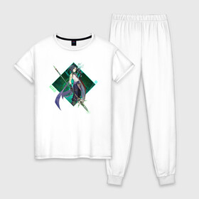 Женская пижама хлопок с принтом Xiao в Белгороде, 100% хлопок | брюки и футболка прямого кроя, без карманов, на брюках мягкая резинка на поясе и по низу штанин | anime | game | genshin | genshin impact | impact | xiao | аниме | игра | сяо
