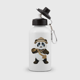 Бутылка спортивная с принтом Панда путешественница  в Белгороде, металл | емкость — 500 мл, в комплекте две пластиковые крышки и карабин для крепления | бинокль | животное | маленькая панда | медвежонок | панда | панда путешественница | путешественник | черно белый медведь | экспедитор