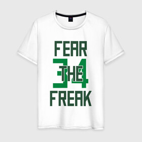 Мужская футболка хлопок с принтом Fear The Freak 34 в Белгороде, 100% хлопок | прямой крой, круглый вырез горловины, длина до линии бедер, слегка спущенное плечо. | Тематика изображения на принте: antetokounmpo | basketball | bucks | giannis | milwaukee | mvp | nba | sport | streetball | адетокумбо | бакс | баскетбол | игра | милуоки | мяч | нба | олень | спорт | стритбол | тренер | чемпион | янис