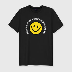 Мужская футболка хлопок Slim с принтом Smile в Белгороде, 92% хлопок, 8% лайкра | приталенный силуэт, круглый вырез ворота, длина до линии бедра, короткий рукав | smile | любовь | настроение | смайлик | улыбка