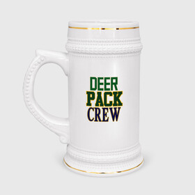 Кружка пивная с принтом Deer Pack Crew в Белгороде,  керамика (Материал выдерживает высокую температуру, стоит избегать резкого перепада температур) |  объем 630 мл | Тематика изображения на принте: antetokounmpo | basketball | bucks | giannis | milwaukee | mvp | nba | sport | streetball | адетокумбо | бакс | баскетбол | игра | милуоки | мяч | нба | олень | спорт | стритбол | тренер | чемпион | янис