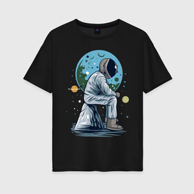 Женская футболка хлопок Oversize с принтом Космонавт сидит на камне в Белгороде, 100% хлопок | свободный крой, круглый ворот, спущенный рукав, длина до линии бедер
 | astronaut | cosmos | galaxy | mars | moon | planet | planets | science | space | space travel | spaceman | stars | universe | астронавт | звезды | космонавт | космос | луна | марс | планета