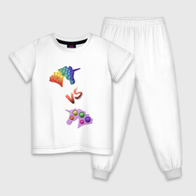 Детская пижама хлопок с принтом Pop-it vs Simple-dimple в Белгороде, 100% хлопок |  брюки и футболка прямого кроя, без карманов, на брюках мягкая резинка на поясе и по низу штанин
 | Тематика изображения на принте: unicorns | единороги | поп ит | пупырка | симпл димпл
