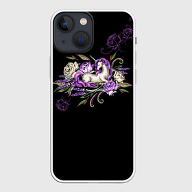 Чехол для iPhone 13 mini с принтом Единорог среди роз в Белгороде,  |  | rose | roses | unicorn | единорог | единороги | роза | розы | сказка | сказочный | сон | спящий | темный | фентези | фентэзи | цветочный | цветы | черный фон
