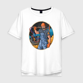 Мужская футболка хлопок Oversize с принтом Майнер в Белгороде, 100% хлопок | свободный крой, круглый ворот, “спинка” длиннее передней части | Тематика изображения на принте: биткоин | иллюстрация | инвестор | крипта | майнер | рабочий