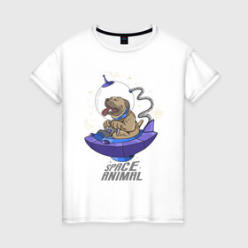 Женская футболка хлопок с принтом Space Animal в Белгороде, 100% хлопок | прямой крой, круглый вырез горловины, длина до линии бедер, слегка спущенное плечо | животные | иллюстрация | космонавт | космос | пёс | тарелка