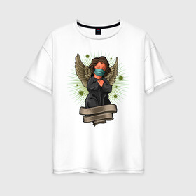 Женская футболка хлопок Oversize с принтом Мой ангелок в Белгороде, 100% хлопок | свободный крой, круглый ворот, спущенный рукав, длина до линии бедер
 | ангел | иллюстрация | маска | спаси сохрани | спаситель