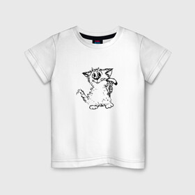 Детская футболка хлопок с принтом Котенок с вилкой и сосиской в Белгороде, 100% хлопок | круглый вырез горловины, полуприлегающий силуэт, длина до линии бедер | Тематика изображения на принте: графика | киска | кот | котенок | котик | кошка | смешной кот | улыбающийся кот | черно белое