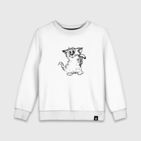 Детский свитшот хлопок с принтом Котенок с вилкой и сосиской в Белгороде, 100% хлопок | круглый вырез горловины, эластичные манжеты, пояс и воротник | графика | киска | кот | котенок | котик | кошка | смешной кот | улыбающийся кот | черно белое