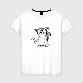 Женская футболка хлопок с принтом Котенок с вилкой и сосиской в Белгороде, 100% хлопок | прямой крой, круглый вырез горловины, длина до линии бедер, слегка спущенное плечо | графика | киска | кот | котенок | котик | кошка | смешной кот | улыбающийся кот | черно белое