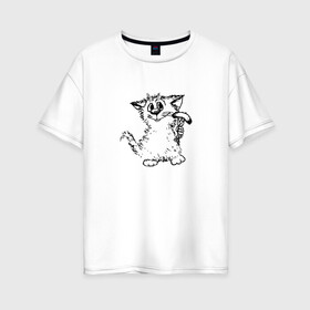 Женская футболка хлопок Oversize с принтом Котенок с вилкой и сосиской в Белгороде, 100% хлопок | свободный крой, круглый ворот, спущенный рукав, длина до линии бедер
 | графика | киска | кот | котенок | котик | кошка | смешной кот | улыбающийся кот | черно белое