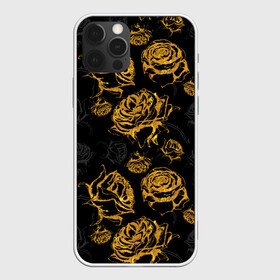 Чехол для iPhone 12 Pro с принтом Розы. Золото с черным в Белгороде, силикон | область печати: задняя сторона чехла, без боковых панелей | вечерний | графика | графический | золотистый | золото | золотой | крупные | праздничный | розочки | розы | темный | цветочки | цветочный | цветы | черный