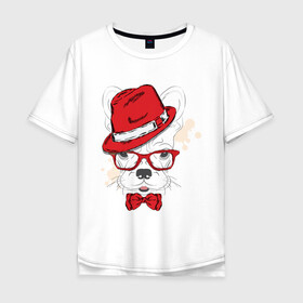 Мужская футболка хлопок Oversize с принтом Французский модник в Белгороде, 100% хлопок | свободный крой, круглый ворот, “спинка” длиннее передней части | бант | бульдог | голова | голова собаки | очки | пес | собака | французский модник | шляпа