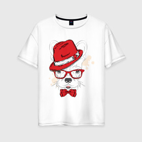 Женская футболка хлопок Oversize с принтом Французский модник в Белгороде, 100% хлопок | свободный крой, круглый ворот, спущенный рукав, длина до линии бедер
 | бант | бульдог | голова | голова собаки | очки | пес | собака | французский модник | шляпа
