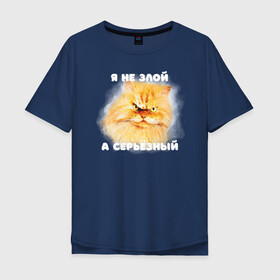 Мужская футболка хлопок Oversize с принтом Кот серьезный в Белгороде, 100% хлопок | свободный крой, круглый ворот, “спинка” длиннее передней части | Тематика изображения на принте: cat | displeased | fluffy | funny | gloomy | orange | persian | red | watercolor | yellow | акварель | жёлтый | кот | недовольный | оранжевый | персидский | пушистый | рыжий | смешной | хмурый