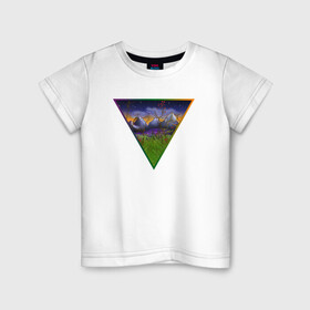 Детская футболка хлопок с принтом невероятный пейзаж в Белгороде, 100% хлопок | круглый вырез горловины, полуприлегающий силуэт, длина до линии бедер | болото | горы | пейзаж | природа | радуга | рисунок | сумерки | треугольник | ярко