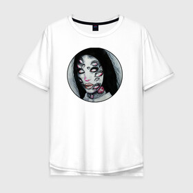 Мужская футболка хлопок Oversize с принтом Жуткая девушка  в Белгороде, 100% хлопок | свободный крой, круглый ворот, “спинка” длиннее передней части | Тематика изображения на принте: zomby | глаза | девушка | зомби | тёмные цвета | ужасы