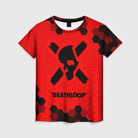 Женская футболка 3D с принтом Deathloop - Череп - Соты в Белгороде, 100% полиэфир ( синтетическое хлопкоподобное полотно) | прямой крой, круглый вырез горловины, длина до линии бедер | death | deathloop | game | games | loop | дэслуп | дэт | дэтлуп | знак | игра | игры | лого | луп | мертвая | пелтя | символ | соты | череп