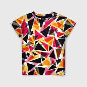 Детская футболка 3D с принтом Разноцветные треугольники в Белгороде, 100% гипоаллергенный полиэфир | прямой крой, круглый вырез горловины, длина до линии бедер, чуть спущенное плечо, ткань немного тянется | абстрактный | геометрические фигуры | геометрический узор | желтый | красный | полигональный | разноцветный | треугольники | черный