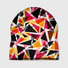 Шапка 3D с принтом Разноцветные треугольники в Белгороде, 100% полиэстер | универсальный размер, печать по всей поверхности изделия | абстрактный | геометрические фигуры | геометрический узор | желтый | красный | полигональный | разноцветный | треугольники | черный
