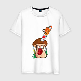 Мужская футболка хлопок с принтом Испуганный в Белгороде, 100% хлопок | прямой крой, круглый вырез горловины, длина до линии бедер, слегка спущенное плечо. | horror | mushroom | бензопила | гриб | мультяшка | смайл | ужас | хоррор