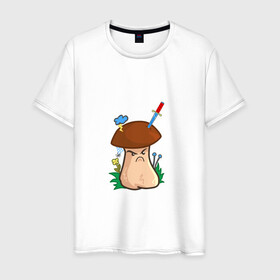 Мужская футболка хлопок с принтом Недовольный в Белгороде, 100% хлопок | прямой крой, круглый вырез горловины, длина до линии бедер, слегка спущенное плечо. | evil | mushroom | гриб | злой | мультяшка | недовольный | сердитый | смайл