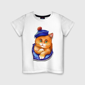 Детская футболка хлопок с принтом Рыжик в Белгороде, 100% хлопок | круглый вырез горловины, полуприлегающий силуэт, длина до линии бедер | берет | глаза | животные | звери | зеленый | котик. рыжий котик | котики | оранжевый | синий
