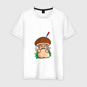 Мужская футболка хлопок с принтом Дерзкий в Белгороде, 100% хлопок | прямой крой, круглый вырез горловины, длина до линии бедер, слегка спущенное плечо. | mushroom | агрессивный | бабочка | гангстер | гриб | дерзкий | мультяшка | нож | смайл