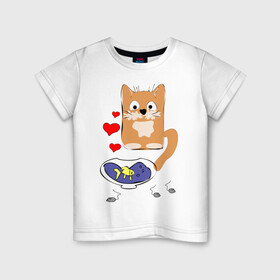 Детская футболка хлопок с принтом Рыжий кот в Белгороде, 100% хлопок | круглый вырез горловины, полуприлегающий силуэт, длина до линии бедер | животные | кот | мышка | рыбка | сердца