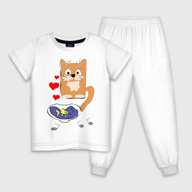 Детская пижама хлопок с принтом Рыжий кот в Белгороде, 100% хлопок |  брюки и футболка прямого кроя, без карманов, на брюках мягкая резинка на поясе и по низу штанин
 | животные | кот | мышка | рыбка | сердца