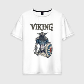 Женская футболка хлопок Oversize с принтом Викинг | Viking | Воин (Z) в Белгороде, 100% хлопок | свободный крой, круглый ворот, спущенный рукав, длина до линии бедер
 | scandinavian | skull | valhala | valhalla | viking | vikings | warriros | вальхала | викинг | воин | скандинавия | скандинавская мифология | череп