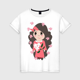Женская футболка хлопок с принтом Цветение сакуры в Белгороде, 100% хлопок | прямой крой, круглый вырез горловины, длина до линии бедер, слегка спущенное плечо | бант | девочка | кавайи | люди | цветы