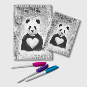 Блокнот с принтом Панда Любовь Сердце Меланж  в Белгороде, 100% бумага | 48 листов, плотность листов — 60 г/м2, плотность картонной обложки — 250 г/м2. Листы скреплены удобной пружинной спиралью. Цвет линий — светло-серый
 | Тематика изображения на принте: animals | beast | panda | глаза | животные | звери | краски | любовь | меланж | милые | панда | пятна | растения | сердце | серый | цветы | чб | эвкалипт