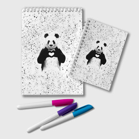 Блокнот с принтом Панда Любовь Сердце Брызги в Белгороде, 100% бумага | 48 листов, плотность листов — 60 г/м2, плотность картонной обложки — 250 г/м2. Листы скреплены удобной пружинной спиралью. Цвет линий — светло-серый
 | Тематика изображения на принте: animals | beast | panda | брызги | глаза | животные | звери | краски | любовь | милые | панда | пятна | растения | сердце | серый | точки | цветы | чб | эвкалипт