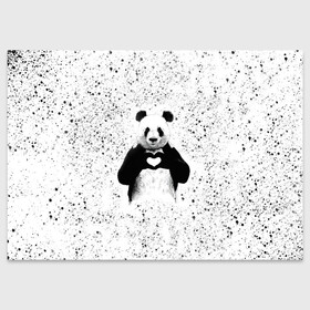 Поздравительная открытка с принтом Панда Любовь Сердце Брызги в Белгороде, 100% бумага | плотность бумаги 280 г/м2, матовая, на обратной стороне линовка и место для марки
 | Тематика изображения на принте: animals | beast | panda | брызги | глаза | животные | звери | краски | любовь | милые | панда | пятна | растения | сердце | серый | точки | цветы | чб | эвкалипт