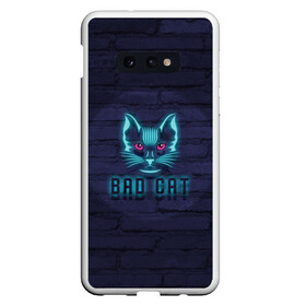 Чехол для Samsung S10E с принтом Bad cat в Белгороде, Силикон | Область печати: задняя сторона чехла, без боковых панелей | Тематика изображения на принте: neon | neon cat | кирпич | неон | неоновый кот | стена | тренд