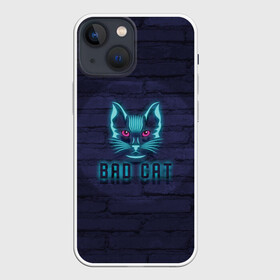 Чехол для iPhone 13 mini с принтом Bad cat в Белгороде,  |  | neon | neon cat | кирпич | неон | неоновый кот | стена | тренд
