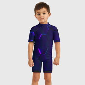 Детский купальный костюм 3D с принтом НЕОНОВАЯ БРОНЯ в Белгороде, Полиэстер 85%, Спандекс 15% | застежка на молнии на спине | абстрактный | абстракция | бронь | броня | геоиметрия | неон | текстура | узор | фиолетовая | фиолетовый